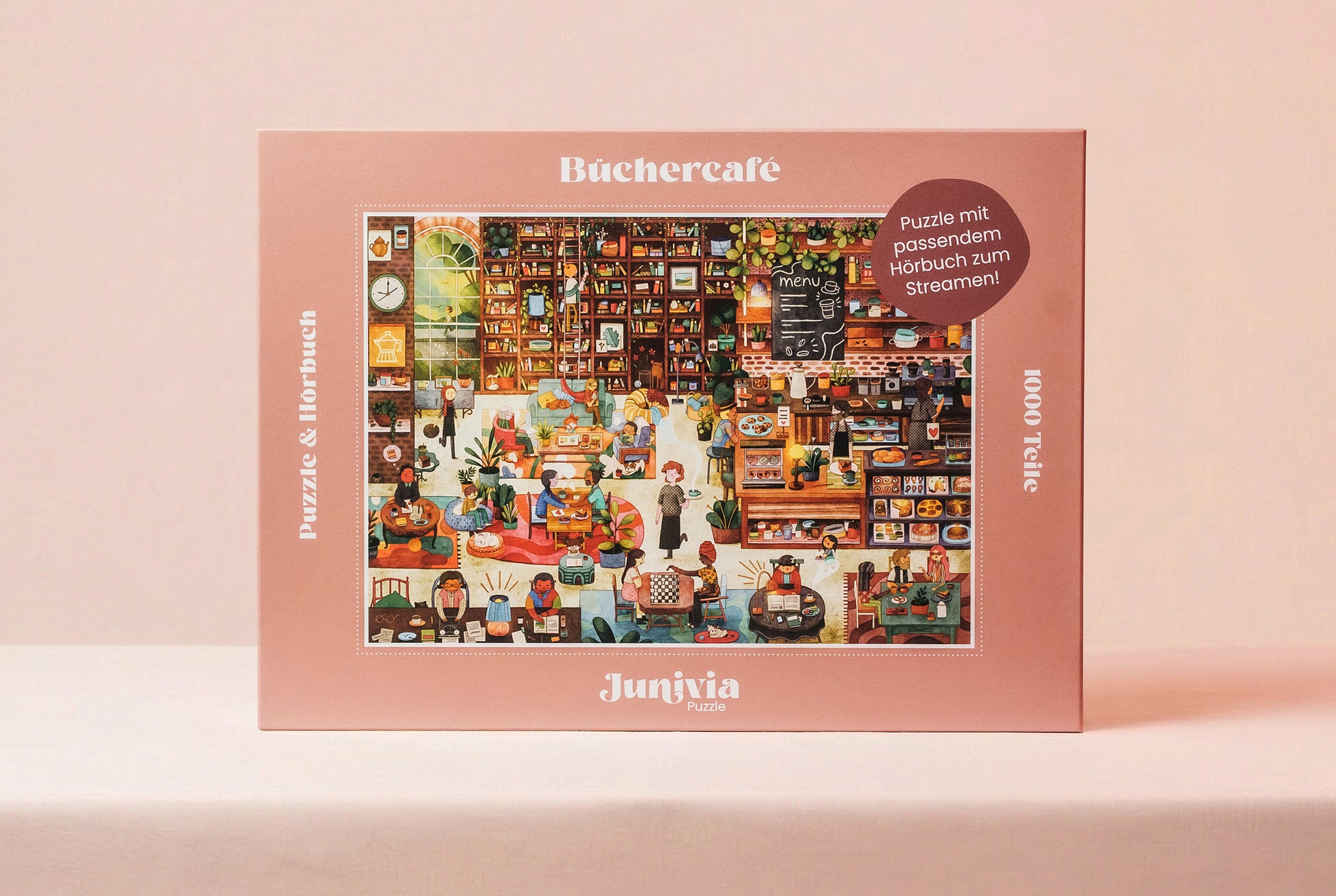 Junivia Büchercafe Puzzle: Gesamtansicht unseres Büchercafe Puzzle mit passendem Hörbuch mit Buchladenmotiv und Selbstfindungsgeschichte 