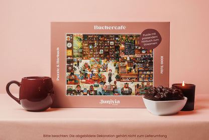 Junivia Büchercafe Puzzle: Gesamtansicht mit Dekoration unseres Büchercafe Puzzle mit passendem Hörbuch mit Buchladenmotiv und Selbstfindungsgeschichte 