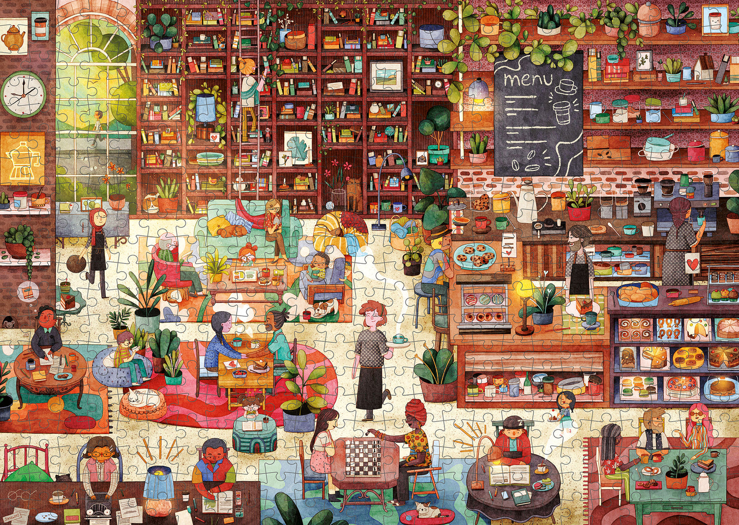 Junivia Büchercafé Puzzle: Puzzleraster-Ansicht unseres Büchercafé Puzzle mit passendem Hörbuch mit Buchladenmotiv und Selbstfindungsgeschichte