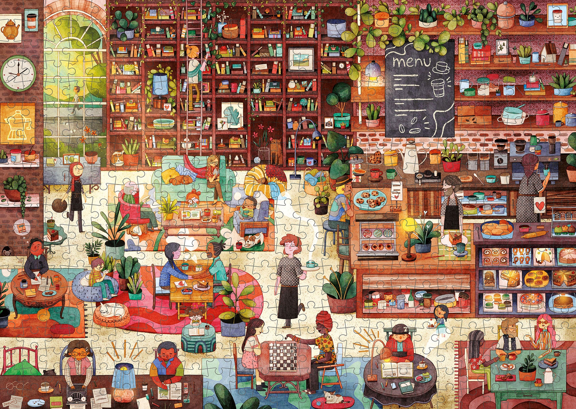 Junivia Büchercafé Puzzle: Puzzleraster-Ansicht unseres Büchercafé Puzzle mit passendem Hörbuch mit Buchladenmotiv und Selbstfindungsgeschichte