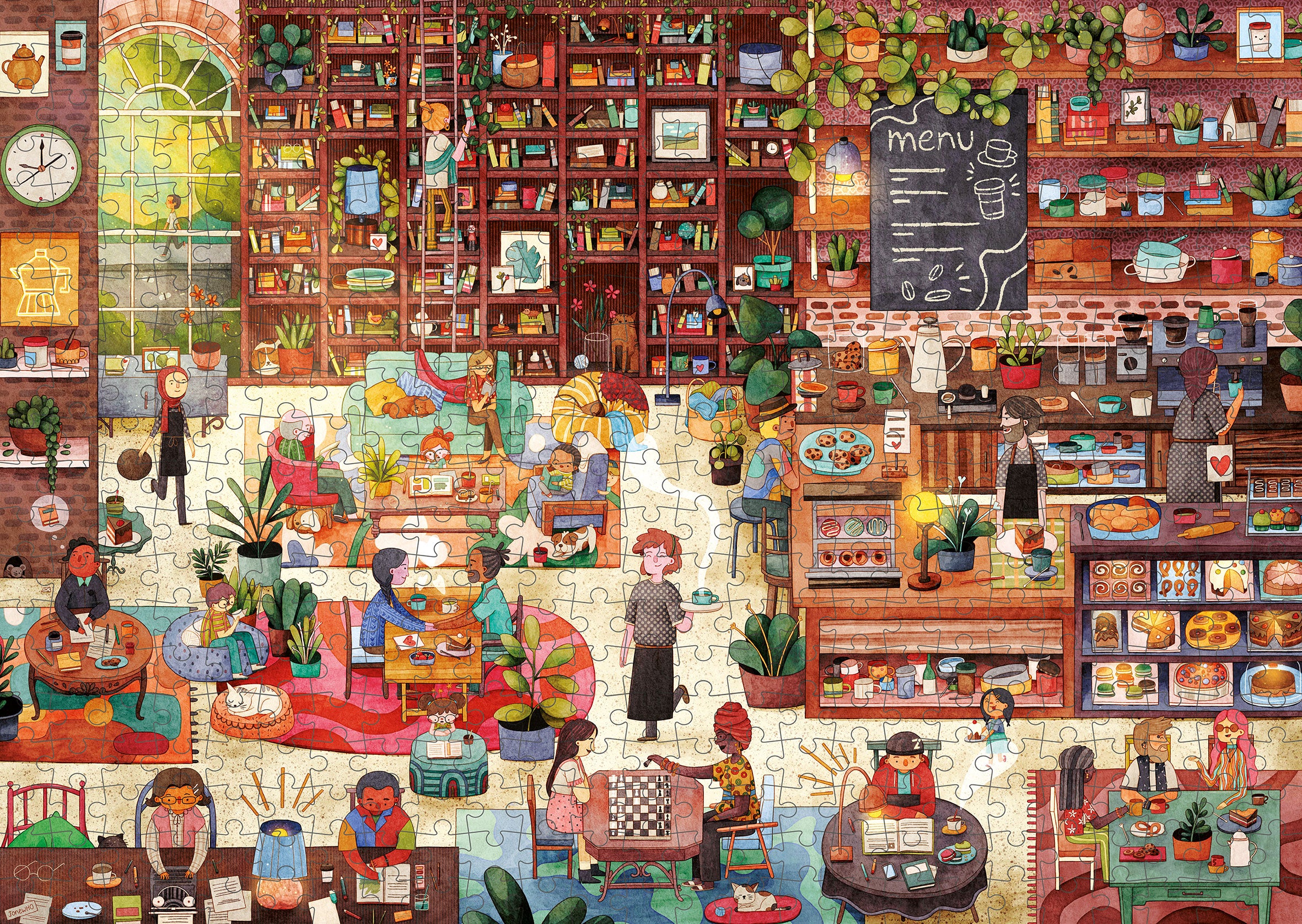 Junivia Büchercafé Puzzle: Puzzleraster-Ansicht unseres Büchercafé Puzzle mit passendem Hörbuch mit Buchladenmotiv und Selbstfindungsgeschichte